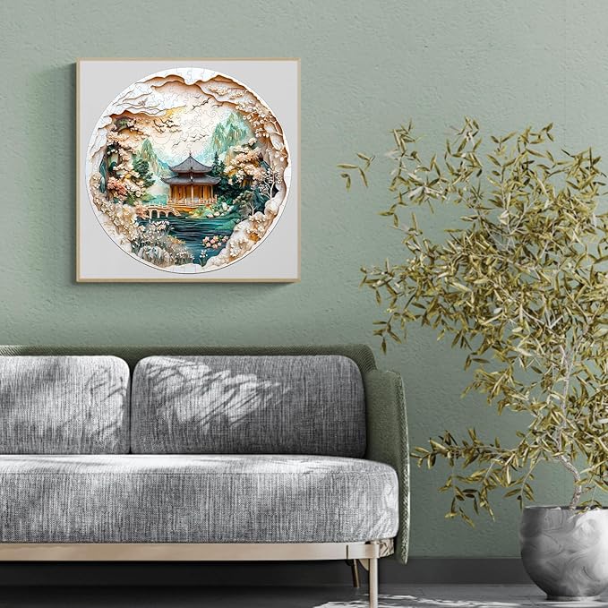 KAAYEE Wooden Puzzles for Adults, 3D Visual Effect Chinese Landscape Painting Wooden Jigsaw Puzzle Unique Shape Wood Puzzle Adult, 3D Effect Flat Puzzle Birthday Family Games (S-8.5 * 8.5 in-100pcs)