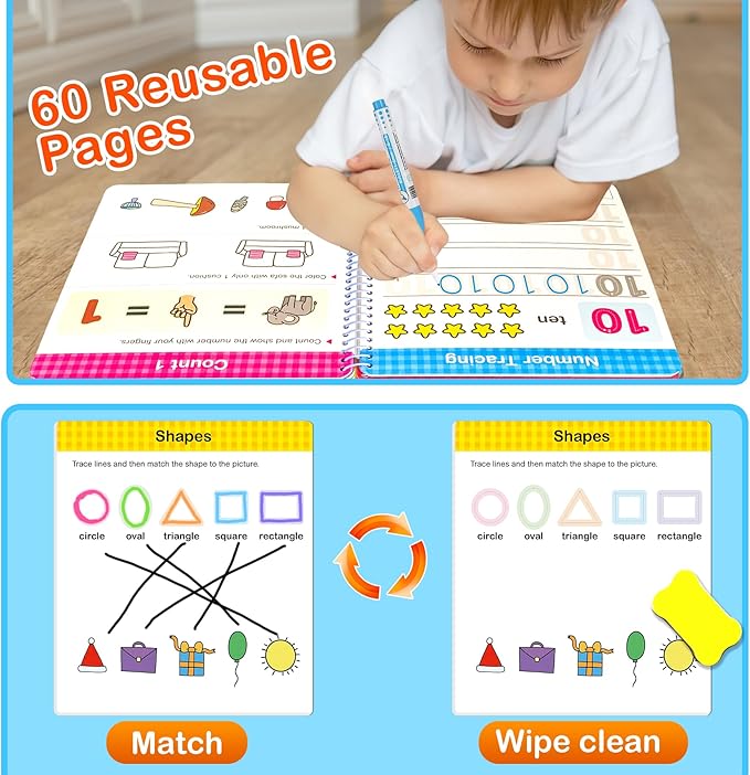 Preschool Learning Activities 60 Reusable Pages, Number Tracing Addition Subtraction Math Practice Kindergarten Workbook, Educational Fine Motor Toddler Learning Toys for 3 4 5 Year Olds