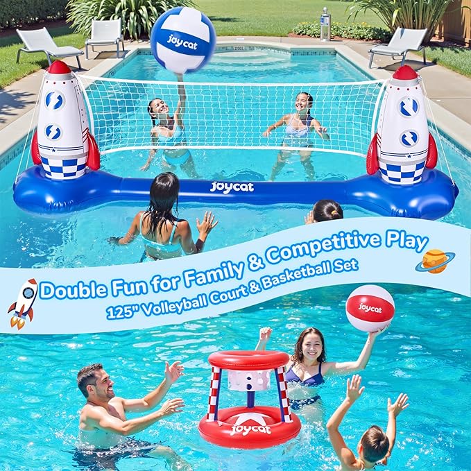 JoyCat Inflatable Pool Volleyball Set,125 Inch Volleyball Net & Basketball Hoop,Floating Swimming Pool Games Lake Beach Toys for Kids,Water Games for Adults and Family,Pools Party Gift Essentials