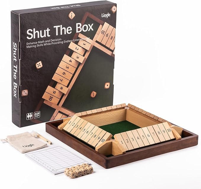 Shut The Box Dice Game, 2-4 Player Wooden Board Table Math Games, Classic Shut The Box Board Game