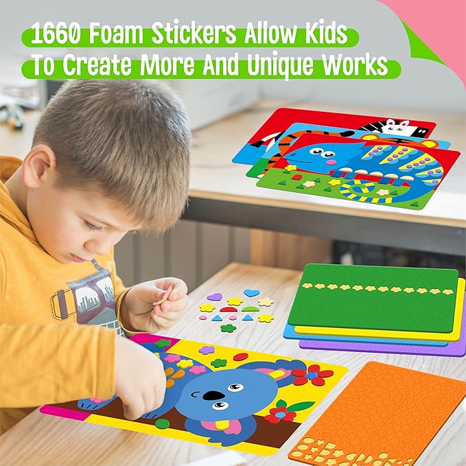 Foam Sticker Art Activity, 20 Wild Animal Art Boards with 1660 Foam Stickers in 10 Colors, Funny DIY Activity Creative Craft Kits Travel Game for Kids, Boys & Girls