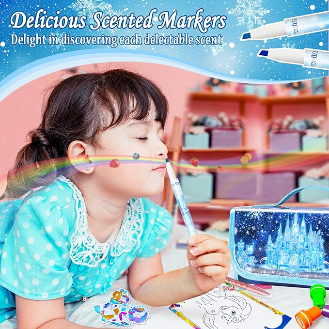 weirtoya 56 PCS Washable Scented Markers Set with Glitter Pencil Case, Mermaid Unicorn Arts and Crafts for kids 4-6-8 Kids Coloring Drawing Kits for 4-8 Years Old Girls Birthday Gifts