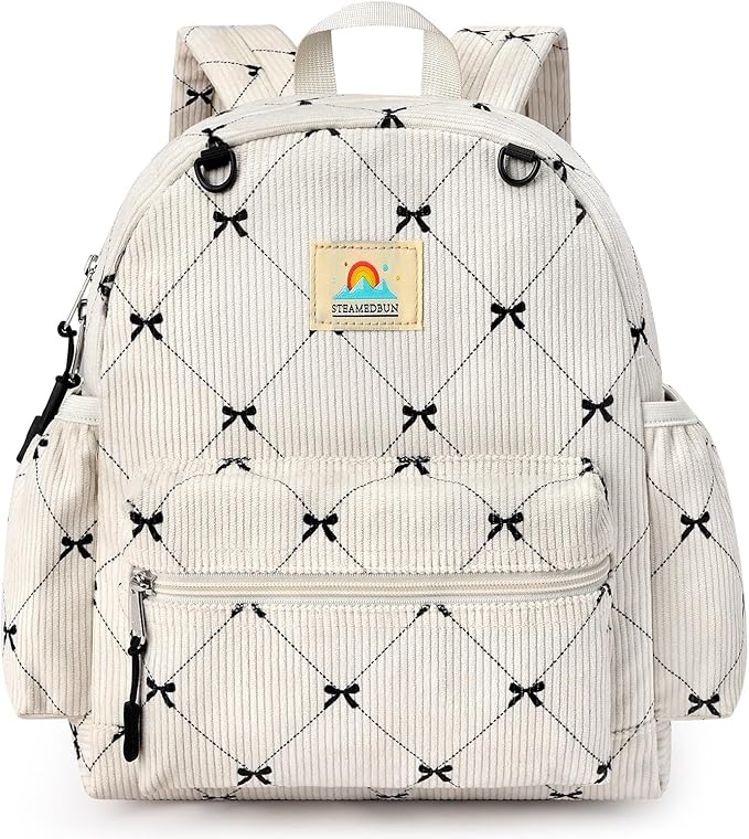 STEAMEDBUN Corduroy Toddler Backpack for Girls 2-4: Kids backpack for Boys Girls - 12 inch Preschool Kindergarten Backpacks - Bow
