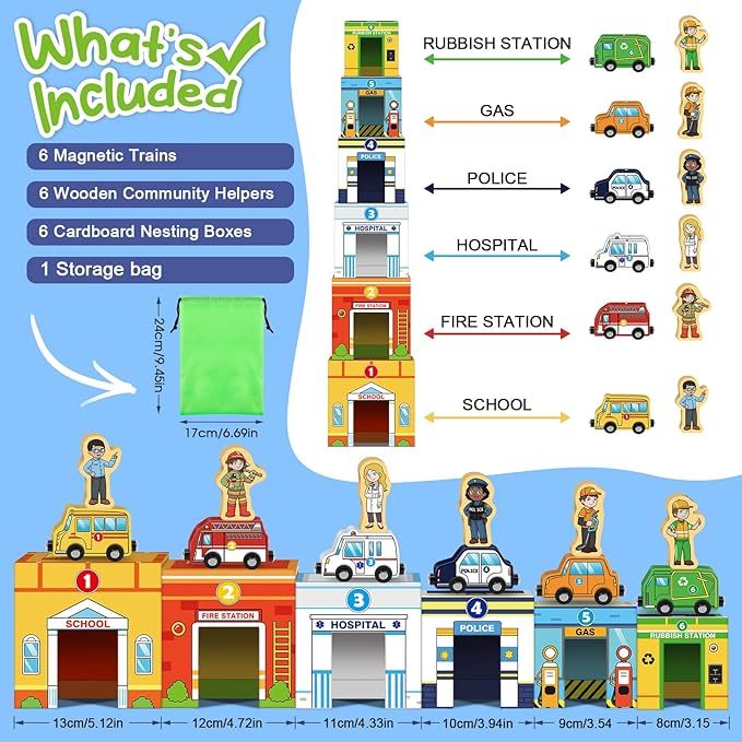 Aizweb Magnetic Wooden Vehicle Stacking Set,Sorting & Building STEM Blocks Cars Toys for Toddlers,Cardboard Educational Preschool Kindergarten Learning Montessori Toys for 1 2 3 Year Old Boys Girls