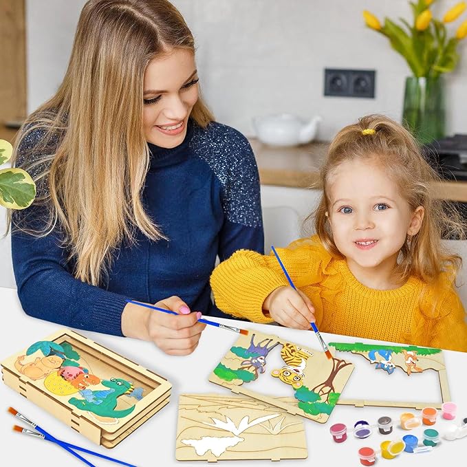 Vileafy 3D Wooden Painting Craft Kits for Kids 4-8 – DIY Arts & Crafts with Dinosaur, Ocean & Jungle Animals – Includes Individual Paints & Brushes for Party Favors and Classroom Prizes(3)