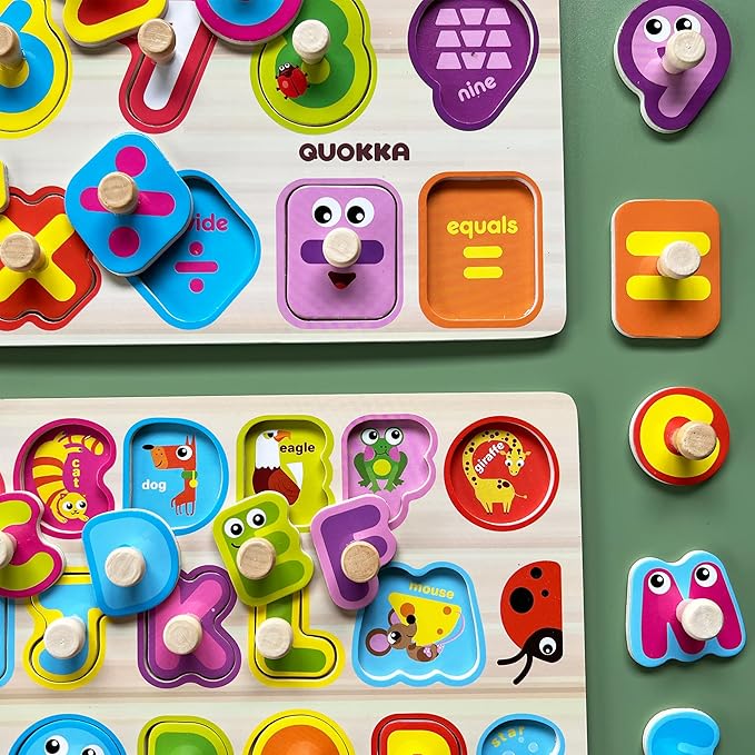 QUOKKA Wooden Puzzles for Toddlers 1-3 - 6XSET Toddler Puzzles Ages 2-4 with Rack - Learning Alphabet - Numbers - Animals Montessori Toy for Kids 3-5 - Wood Games Gift for Boys and Girls