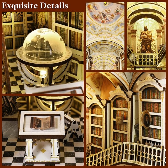 DIY Book Nook Kit for Adults, 3D Wooden Puzzle Bookend Bookshelf Insert Decor with LED Light and Dust Cover (Library of Gods)