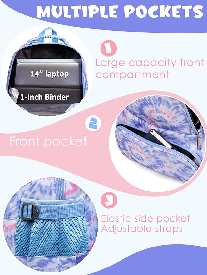 BLUEFAIRY Kids Backpack for Girls Elementary Primary Middle School Bags for Aged 8-10 for Teens Childs Bookbags Back to School Book Bags Cute Mochilas para Niรฑas Tie-dye Violet