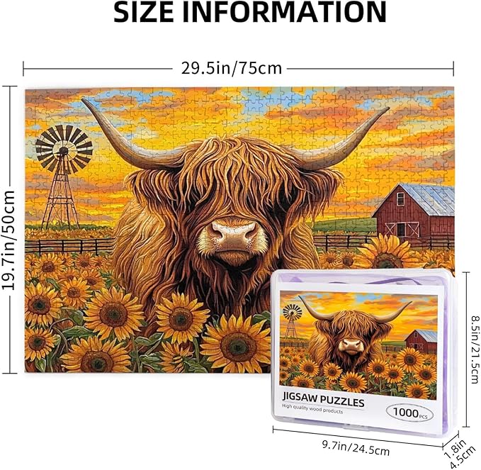 Beautiful Sunflower Highland Cow Jigsaw Puzzle 1000 Piece for Adult, Sunflower Jigsaw Puzzles Flowers Puzzle Nature Animal Flower Painting Jigsaw Puzzles Birthday Gifts for Adults and Family Game