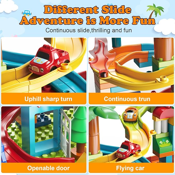 Marble Run Building Blocks,Classic Large Blocks Maze Track Sets with 4 Cars,STEM Toy Bricks Maze Puzzle Set Race Track Compatible with Major Brands for Age 3 4 5 6 7 8+ Boys Girls Gift