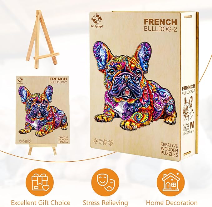 Wooden Puzzles for Adults, Jigsaw Puzzles for Adults Kids, French Bulldog Wooden Puzzle Unique Shaped Wood Puzzles Adult, Birthday Gifts for Friends Family Game (8.5 * 8.1in 100pcs)