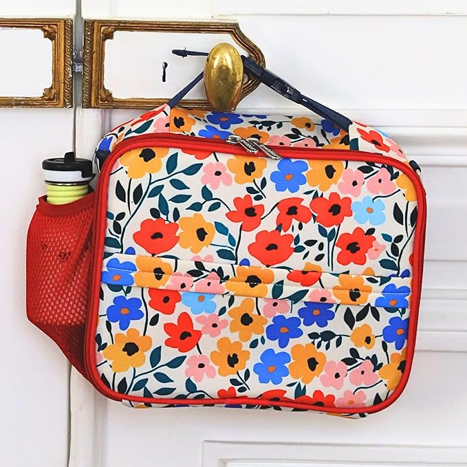 Yumbox Kids Lunch Bag, Holds Lunch Box and Water Bottle, 3 Ways to Carry, Zip Closure, Inside Zipper Netting, Wipe Clean Fabric with EVA lining for extra insulation, Poppy Flowers