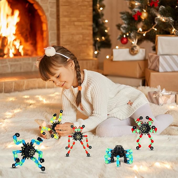100 Pcs Funny Sensory Fidget Toy Bulk Transformable Chain Robot Finger Toys Fidget Spinners Stress Relief Fingertip Gyro Deformable Mechanical Spiral Spinner for Adult Kids ADHD(Glow)