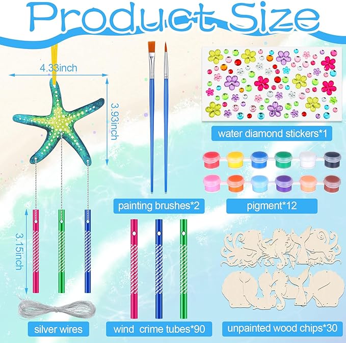30 Pack Summer Ocean Wind Chime Kit for Kids, Sea Animals Beach Crafts DIY Make Your Own Marine Creature Shell Whale Wind Chime Ornaments for Home Classroom Activity Birthday