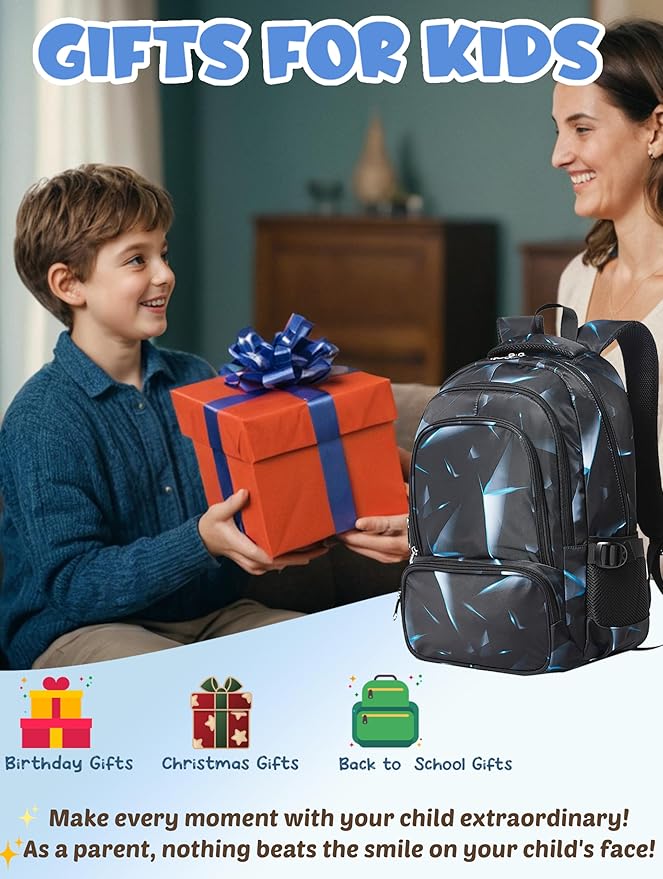 BLUEFAIRY Kids Backpack for Boys Elementary Primary Middle School Bags for Childs Book Bags Bookbags Lightweight Padded Straps Back to School Mochilas para Niรฑos 17" Black/Blue