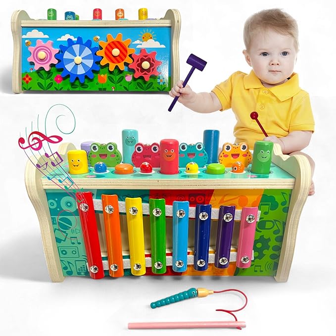 Montessori Wooden Hammering Toy โ 6-in-1 Xylophone, Pound Bench, Shape Sorter & Learning Tool for Toddlers | Educational Musical Toy for Boys & Girls Ages 1โ5 | Develops Motor Skills & Sensory Play