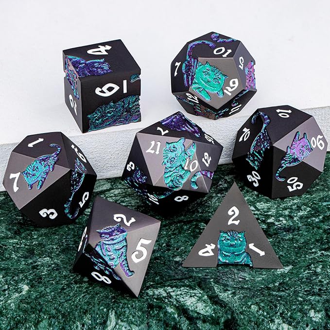 Metal DND Cat Dice 7PCS Polyhedral RPG Dice Set with Gift Case for Dungeons Dragons Role Playing Game, D and D Dice D6 D8 D10 D12 D20 D% (Purple Green)