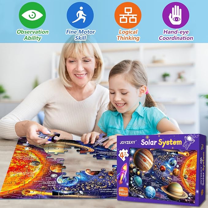 100 Piece Puzzles for Kids Ages 4-8-10, Solar System Puzzles 100 Pieces for Kids Science Educational Space Planet Puzzle Toys for Kids 4-6, 5-8, 6-8, 8-10 Boys Girls