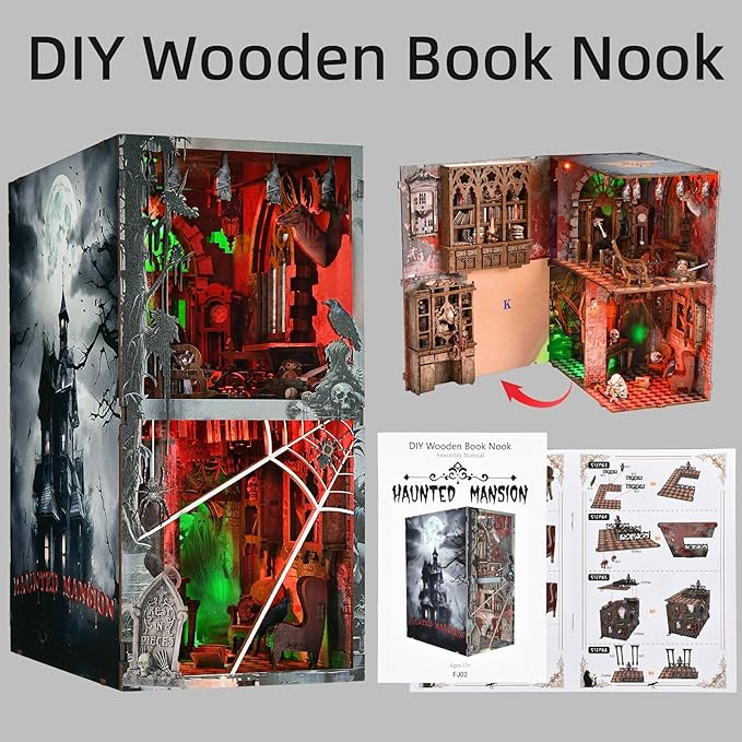 Haunted Mansion Book Nook Kit, Halloween DIY Miniature Dollhouse Kit, Miniature House Kit for Adults and Teens, Horror 3D Wooden Puzzle Bookend Bookshelf Insert Decor with LED Light