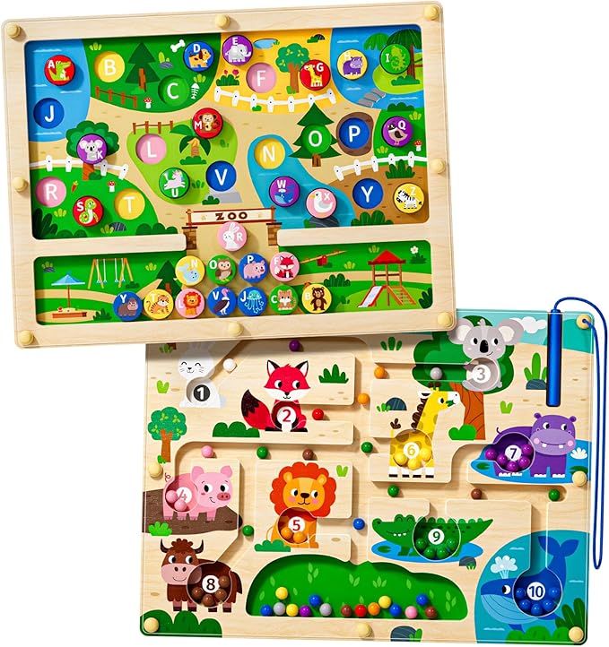 Magnetic Maze 2 in 1 Double Side Color and Number Maze Alphabet Puzzle Board for 3-5 Boys and Girls Kids Montessori Educational Toys (Zoo, One Size)