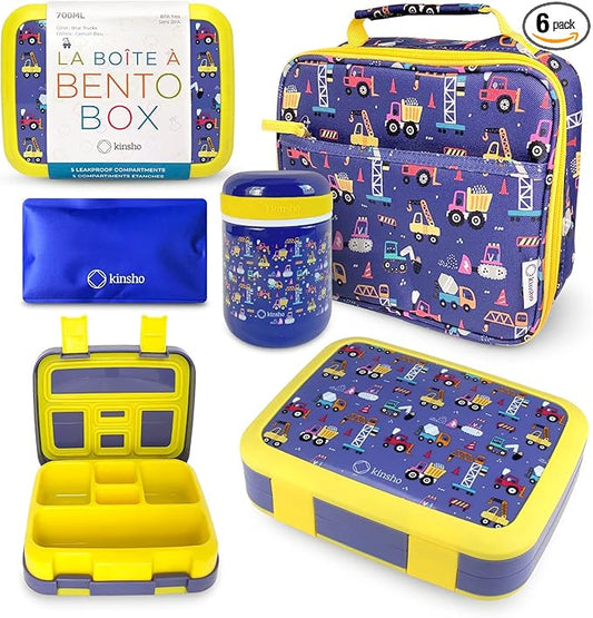 Bento Box with Thermo, Insulated Lunch Bag, & Ice Pack Set for Kids or Toddlers. Stainless Steel Food Jar, 5 Compartment Lunch-Box for Pre-School or Daycare, Blue Yellow Trucks