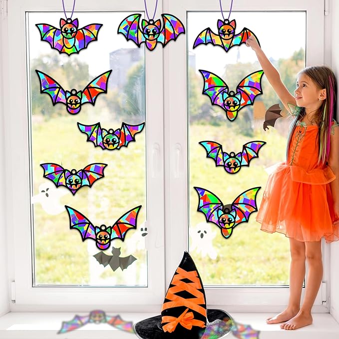 QOUBAI 32 Sets Halloween Bats Suncatchers Craft Kit DIY Window Stained Glass Effect Halloween Bats Paper Crafts Home School Classroom Decoration Kid Birthday Gift Creative Art Project Activity Game