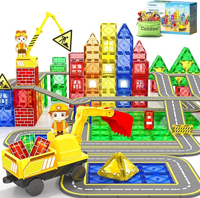 Magnetic Tiles Construction Set with Movable Excavator & Crane, STEM Magnetic Blocks Sensory Toys for Kids 3-5 Girls Boys Toys Age 4-6 6-8, Kids Games Outdoor Toy Birthday Gifts with Car