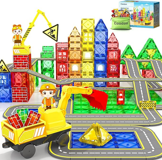 Magnetic Tiles Construction Set with Movable Excavator & Crane, STEM Magnetic Blocks Sensory Toys for Kids 3-5 Girls Boys Toys Age 4-6 6-8, Kids Games Outdoor Toy Birthday Gifts with Car
