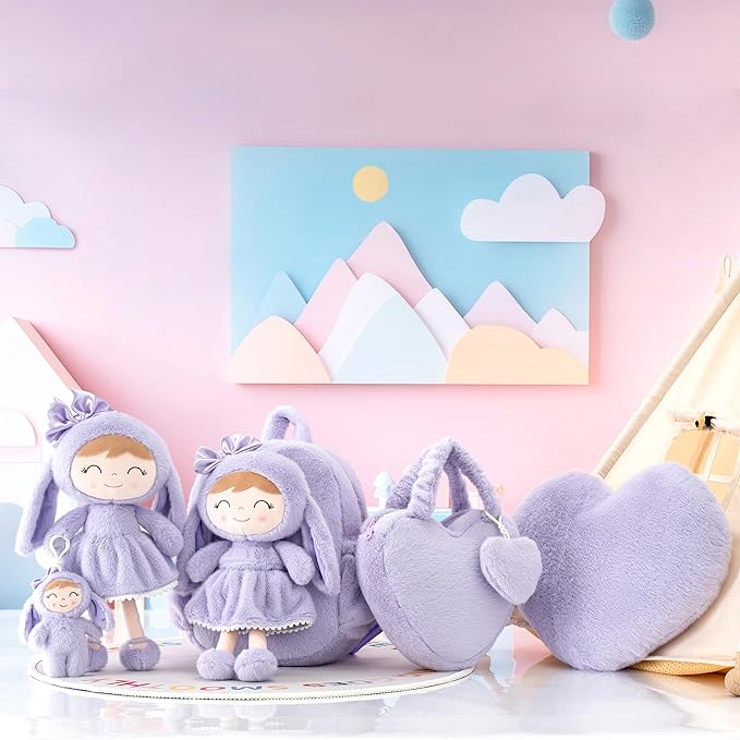 Gloveleya Back to School Gifts for Girls Bunny Toddler Backpack Plush Bag Baby Gift for Girl 2+ Years Old with Detachable Purple Rabbit Doll 11 Inches