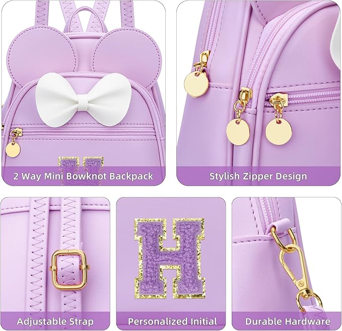 KKXIU Girls Initial Bowknot Cute Mini Backpack for Toddler, Travel Small Girl Backpacks, Personalized Trendy Stuff Gift for Little Girls and Kids(H, Purple)