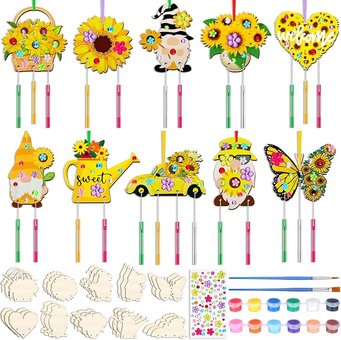 JellyArch 30 Pack Summer Wind Chime Making Kit for Kids, Make Your Own Sunflower Butterfly Gnome Wind Chime Wooden Spring Ornaments for Girls and Boys DIY Crafts Activity Birthday Decoration