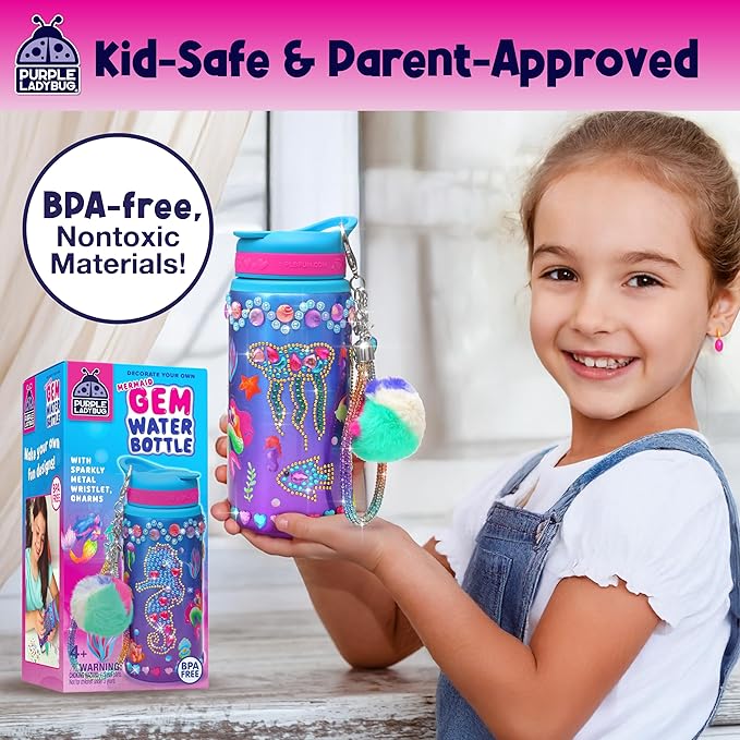 PURPLE LADYBUG Decorate Your Own Water Bottle for Girls, 22oz - Mermaid Peel-and-Stick Gemstones, Charms & Stickers Craft Set, Great Birthday Gifts for Girls 5-10 Years Old, Christmas Gift for Girl