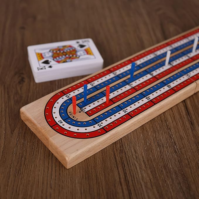 STERLING Games Folding Cribbage 3 Track Wooden Cribbage Board with Red White Blue Pegs for 3 Players