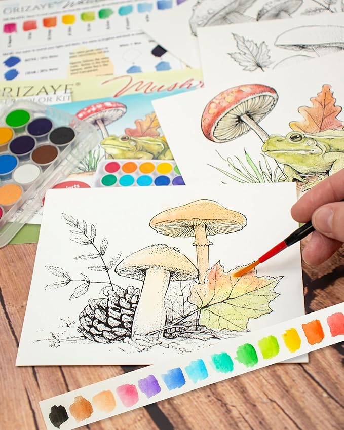 Mushroom Watercolor Kit – 4 Painting Projects for Pro Artists, Beginners, or Groups – Includes Premium Paper, Paint, Brush & Guide – Perfect for Travel or Home DIY Art