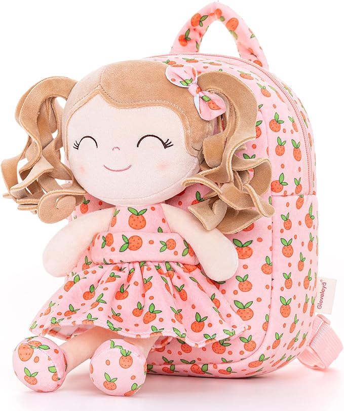 Gloveleya Toddler Backpack Baby Girl Gifts Curly Hair Plush Figures Dress Backpack Kids Backpack Curly Hair Spring Girl Fruit Section-Orange 9inches