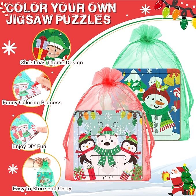 24 Sets Christmas Puzzles Color Your Own Puzzles DIY Jigsaw Crafts with 24 Stackable Crayons and 24 Bags for Learning Education Toys Gifts Prizes Birthday Party Supplies(24, Christmas)