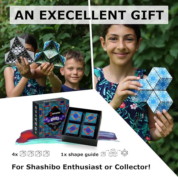 Shashibo Shape Shifting Box - Award-Winning, Patented Fidget Cube w/ 36 Rare Earth Magnets - Transforms Into Over 70 Shapes, Gift Box, Download Fun in Motion Toys Mobile App (Wings, 4 Pack)