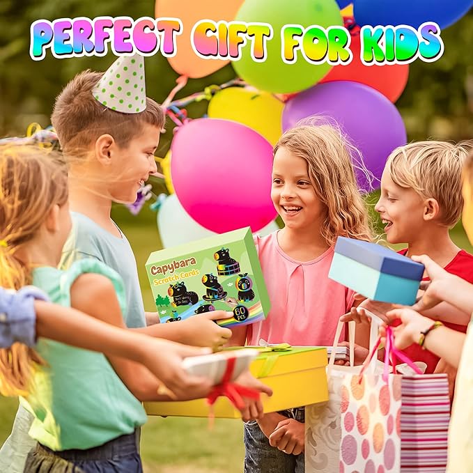 CY2SIDE Capybara Scratch Cards Ornaments - 60PCS DIY Fun Animal Scratch Paper Art for Kids School Activity, Cute Cartoon Kawaii Capybara Magic Art Rainbow Color Craft Decorations for Party Supplies