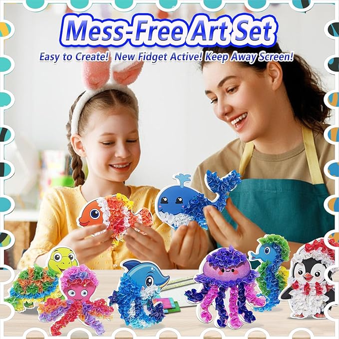 mom&myaboys Mess-Free Poke Art for Kids Ages 4-8 - Ocean Animals Craft Kit (8 Sea Creatures: Jellyfish, Dolphin, Turtle & More) | Beginner Sewing Toys for Toddlers | Creative Gift for Girls and Boys