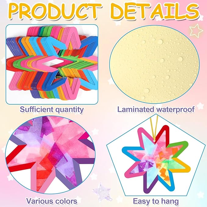 Qyeahkj 36 Set Summer Star Suncatchers Crafts for Kids DIY Star Window Tissue Paper Craft Kit Art Ornament Hanging Decor for School Home Classroom Activity Art Project Birthday Party Favors Gifts
