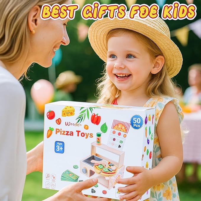 Wooden Pizza Toy, Montessori Pretend Play Toys, Wooden Pizza Counter Playset, Play Food and Accessories, Cooking Pretend Play Toys for Boys Girls Age 3+