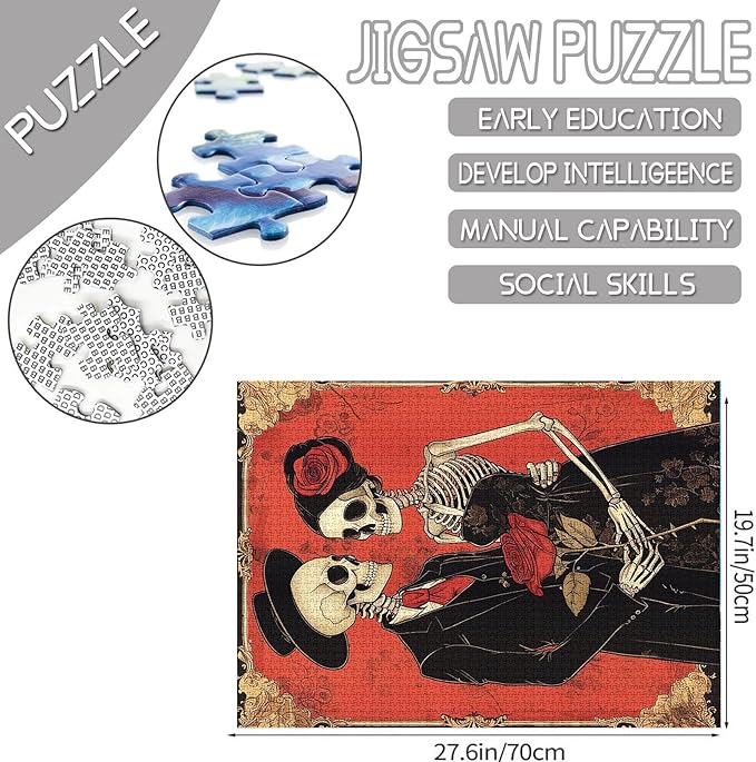 Tucocoo 1000 Piece Jigsaw Puzzles for Adults Skeleton Couple Painting Puzzle Skeletal Rose Flower Art 1000 Pieces Puzzles for Challenging Family Activity Game Colorful DIY Puzzle Wall Decor Gifts