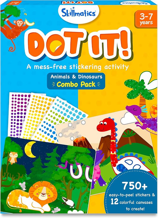 Skillmatics Dot It Sticker Art - Animals & Dinosaurs Combo, Mess-Free Fun for Kids, 750+ Stickers, Craft Kits, DIY Scrapbooking Activity, Travel Toys, Gifts for Ages 3, 4, 5, 6, 7