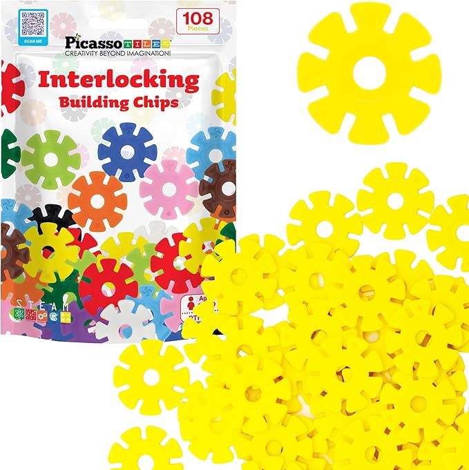 PicassoTiles Building Chip Interlocking Disc Construction Blocks in Yellow Color STEM Learning Early Education Toy Engineering Playset Child Brain Development for Toddlers Girls Boys Kid Age 3+ PTF108