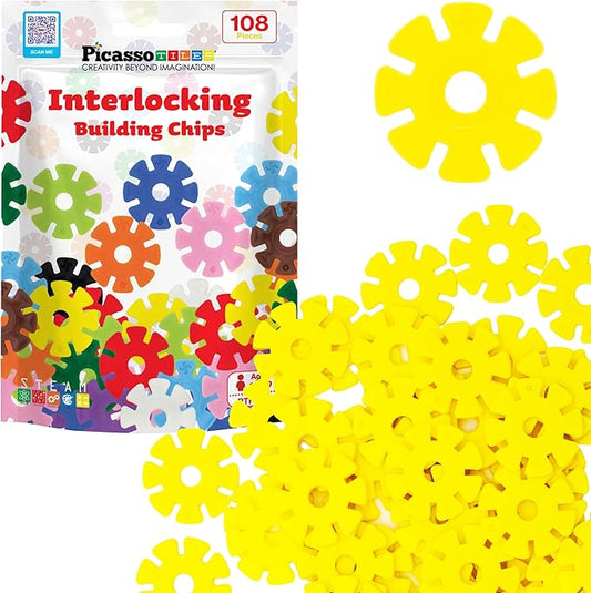 PicassoTiles Building Chip Interlocking Disc Construction Blocks in Yellow Color STEM Learning Early Education Toy Engineering Playset Child Brain Development for Toddlers Girls Boys Kid Age 3+ PTF108