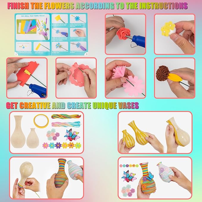 FTBox Crafts Kit for Girls Ages 6-12, Felt Flowers Bouquet and Art Craft Project for Girls, DIY Activity Christmas Birthday Gift for Kids Age 6 7 8 9 10 11 12 Year Old (Wood Vases)