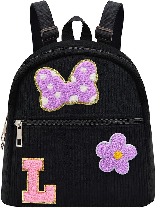 2 3 4 5 6 Year Old Girl Gifts Chenille Initial Mouse Bow Mini Backpack, Corduroy Toddler Backpacks Christmas Birthday Gifts for Girls 2-4 5-6, Black Mini Diaper Bag Must Haves for Park Travel Letter L
