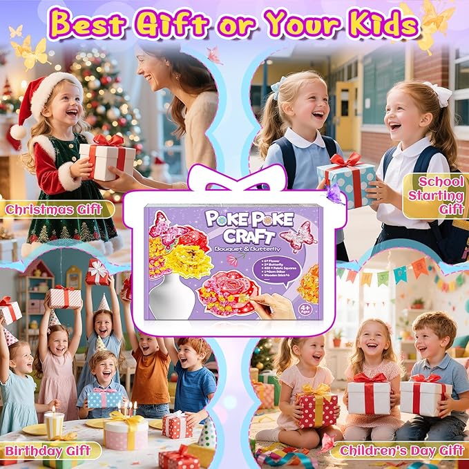 CrispPlay Crafts for Kids Ages 4-8 8-12 Girls Toys, 8pcs Poke Art Craft Kits for 4 5 6 7 8 9 Year Old Girls Birthday Christmas Gifts, DIY Bouquet & Butterfly, Mess Free