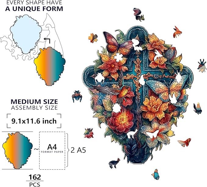 Wooden Puzzles for Adults, Unique Puzzles for Adults, Irregular Animal Shaped Wooden Jigsaw Puzzles, Creative Birthday Gift,11.8 x 9.1 inch, Butterfly Cross