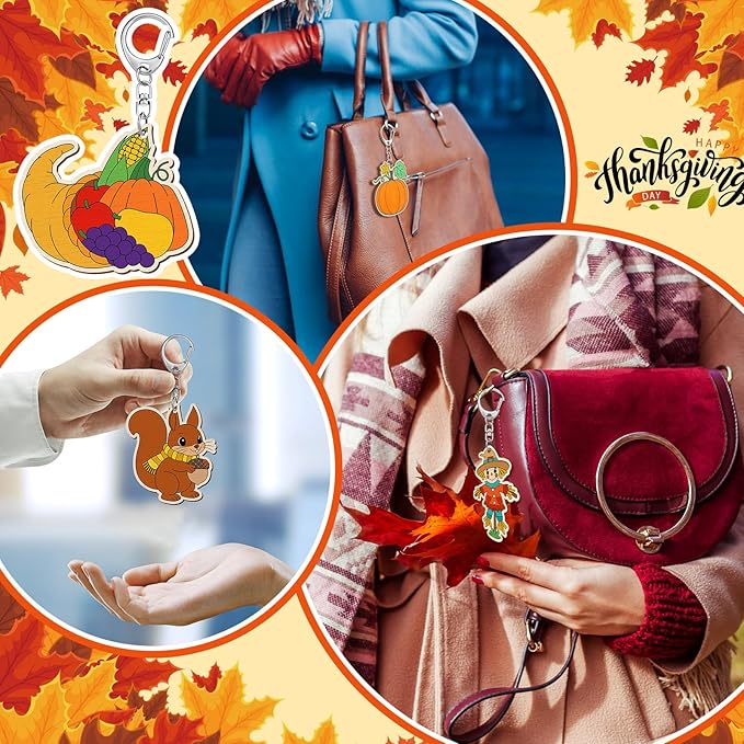 24 Sets Fall Thanksgiving Party Favors Autumn Unfinished Wooden Keychains Gifts Coloring Turkey Pumpkin Fall Leaves Scarecrow DIY Home Crafts for Thanksgiving Party Holiday Activities